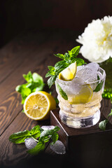 Cold freshly made lemonade, lemon slice and fresh mint leaves. Healthy organic homemade citrus drink.