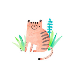 Watercolor hand-drawn color children's illustration, poster, print with a cute funny tiger and tropical plants Scandinavian style on a white background. Cute baby animals. Wild cat.