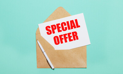 On a light blue background lies an open craft envelope, a white pen and a white sheet of paper with the text SPECIAL OFFER