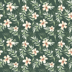 seamless pattern with green leaves and pink flowers, illustration watercolor hand painted on green background