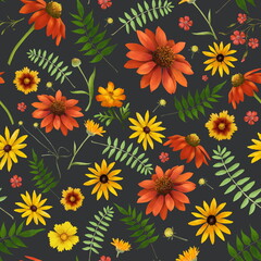 Blooming midsummer meadow seamless pattern with red, orange and yellow flowers and fresh green leaves. Realistic floral background for fashion, wallpapers, print. 