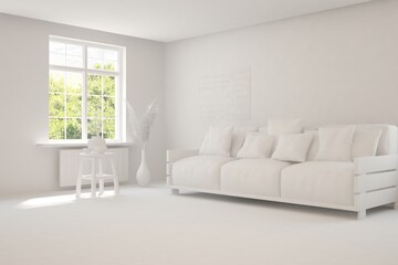 White minimalist living room with sofa. Scandinavian interior design. 3D illustration