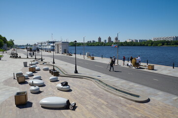 Moscow, Russia - June 3, 2021: Updated embankment in front of the building of the Northern River Station