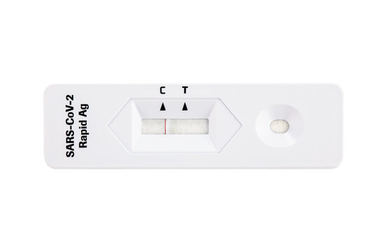 Negative covid test. Covid-19 has not been found. rapid Test on white background. SARS-CoV-2 Ag quick antibodies test kit. Nasopharyngeal swab test. Close-up.