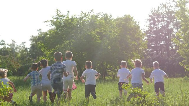 Slow-motion video. A group of children, friends of boys and girls, are running merrily in the park on a sunny summer day in a green meadow. The concept of a child's dream. Primary school children