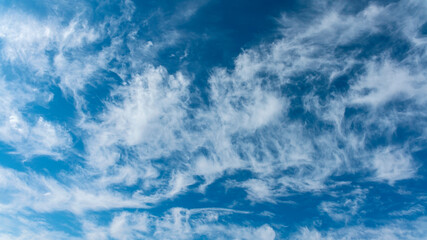 beautiful blue sky with cirrus clouds scattered by the wind as a natural background
