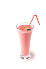 Fresh strawberry milkshake decorated with berries and mint on a white isolated background, the concept of a healthy breakfast, diet and good nutrition.