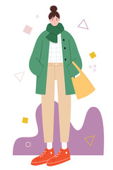 Stylish tall girl with curved proportions on an abstract background. Girl in autumn clothes with a shopper. Red sneakers. Flat style modern design for web page, social media, poster.