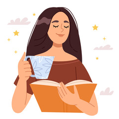 Beautiful brunette girl dreams while reading a book. Romantic picture. Girl with a cup of coffee or tea in the reflection.Stars and clouds around.Simple Hand drawn illustration.