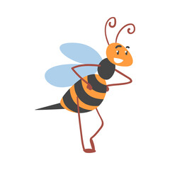 Cute Smiling Bee, Happy Funny Flying Insect Character Cartoon Vector Illustration