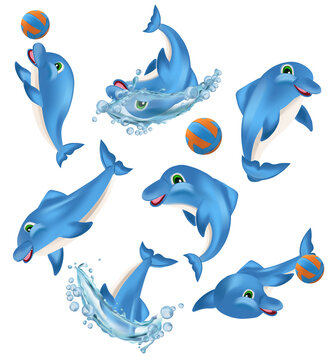 Funny Dolphin on different pose. Cute Dolphin cartoon character. Sea creature icon. Vector illustration.