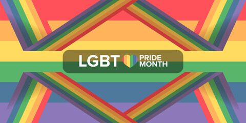 Happy pride month horizontal banner with pride color striped ribbon flag isolated on color background. LGBT Pride month or pride day poster, flyer, invitation party card modern style design template.