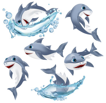 Shark on different pose. Cute shark cartoon character. Shark with open mouth. Sea creature icon. Vector illustration.