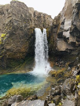 Mobile phone photo of a landscape and waterfall in Iceland. 