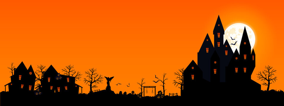 Halloween 2021. City panorama in halloween style. Scary halloween isolated background. Orange and yellow background. Vector illustration.
