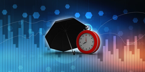 3d illustration stopwatch with umbrella
