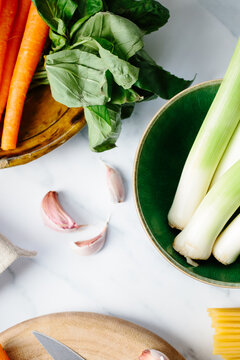 Fresh spring vegetables for a pasta dish
