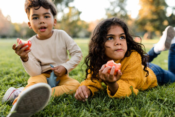 Siblings Eating Apples Enjoy Taking a Snack Break While Playing in the Park