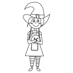 Coloring page halloween kid girl character. Happy Halloween. Girl hold pumpkin. Coloring book vector illustration for children
