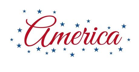 Digitally generated image of america text and multiple blue stars on white background
