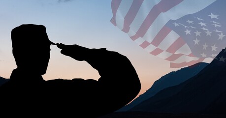 Composition of silhouette of saluting soldier against dusk sky with billowing american flag