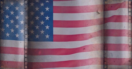 Composition of vintage distressed film frames over billowing american stars and stripes flag