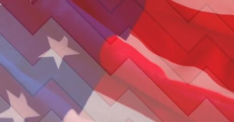 Composition of american flag billowing over geometric red and white zigzag pattern