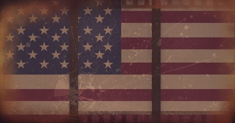 Fototapeta na wymiar Composition of distressed, aged, vintage film frame and american flag