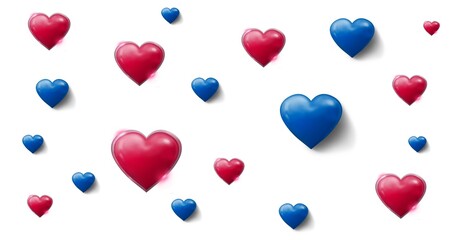 Composition of 3d blue and red hearts floating on white background