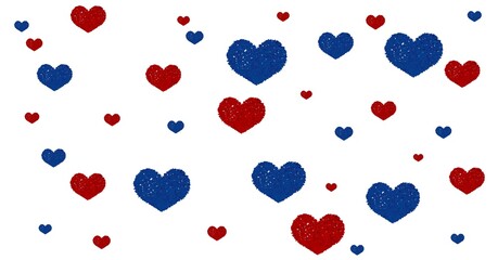 Composition of blue and red hearts floating on white background