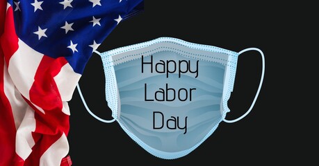 Composition of text happy labor day on face mask with american flag on black background