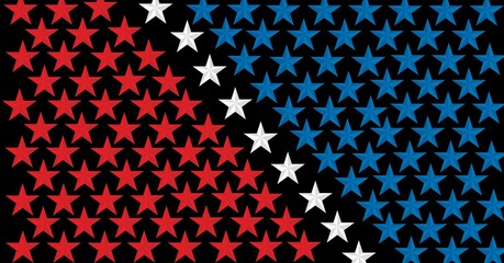 Composition of grouped diagonal lines of red, blue and white stars on black background