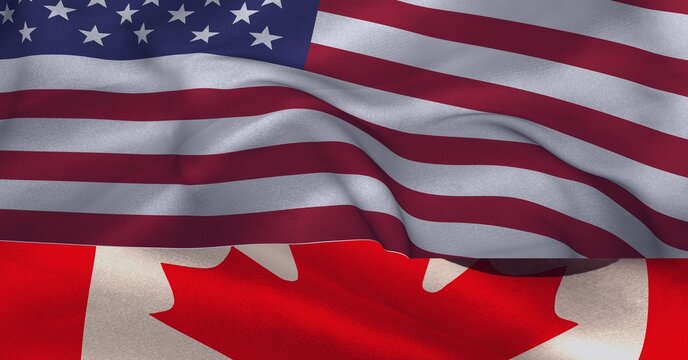 Composition of american and canadian flags billowing together