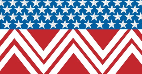 Composition of white stars on blue and zigzag red and white stripes of american flag