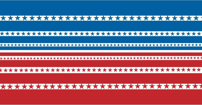 Composition of rows of blue and red stars on white with blue and red stripes of american flag