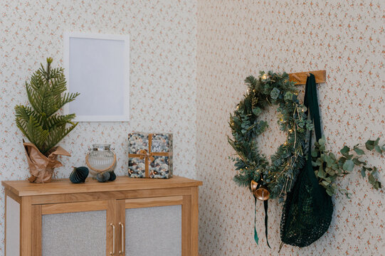 Christmas decorations in cozy corridor