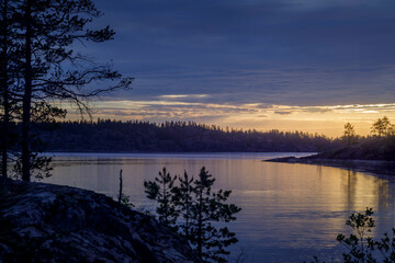 Sunrise and lake view from a island. Tourism on a islands of Lake Ladoga.