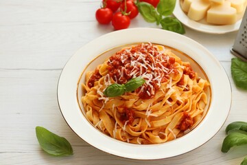 Italian Traditional Dish"Tagliatelle al Ragu",fresh egg pasta with bolognese meat sauce served with parmesan cheeses on plate with white wood table background.Fast and easy recipe.Copy space