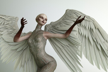 Bizarre alien with white feathered angel wings