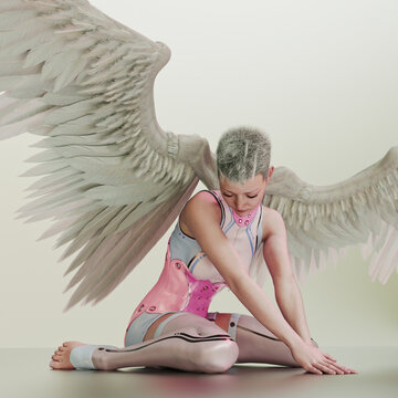 Futuristic scfi angel on ground with feather wings