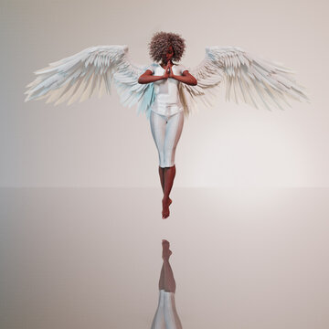 African american woman with white angel wings