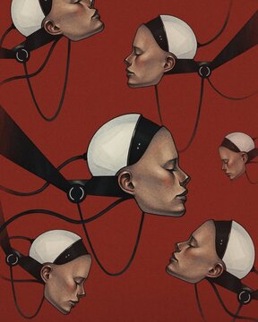 Illustration of robotic heads on red background