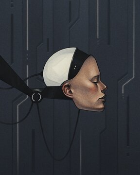 cyborg head with mechanism in profile on futuristic background
