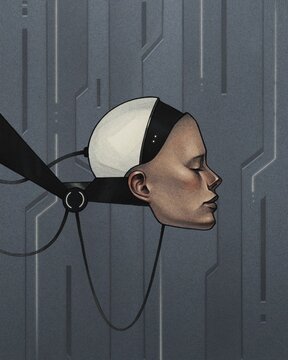 cyborg head with mechanism in profile on futuristic background