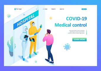 Isometric 3D. Risk Of Spreading The Virus. Doctors In Protective Suits Measure The Patient Body Temperature. Landing Page
