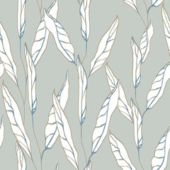 Fototapeta na wymiar Floral seamless pattern. Simple curved white leaves pointing upward. Muted blue-gray background. Used for covers, factory prints on fabric, paper, packaging, backdrops, headpieces, postcards. EPS 10.