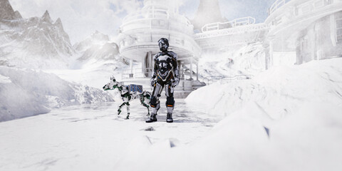 Futuristic ice planet explorer in spacesuit with robot dog
