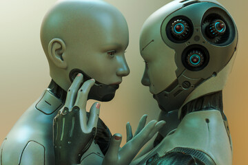 Two female robots share an intimate moment and touch face with fingers