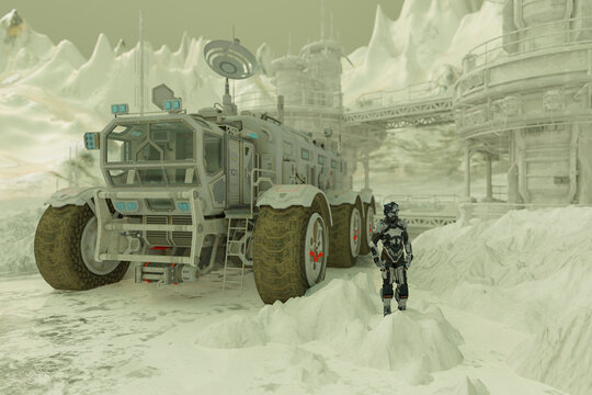 Explorer at base in frozen wilderness