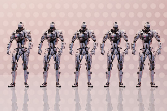 Robots standing in a line with identical poses